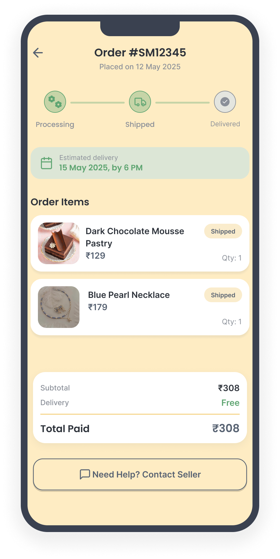 SmarKet Order Tracking screen