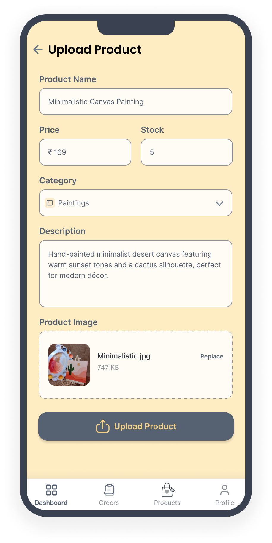 SmarKet Upload Product screen