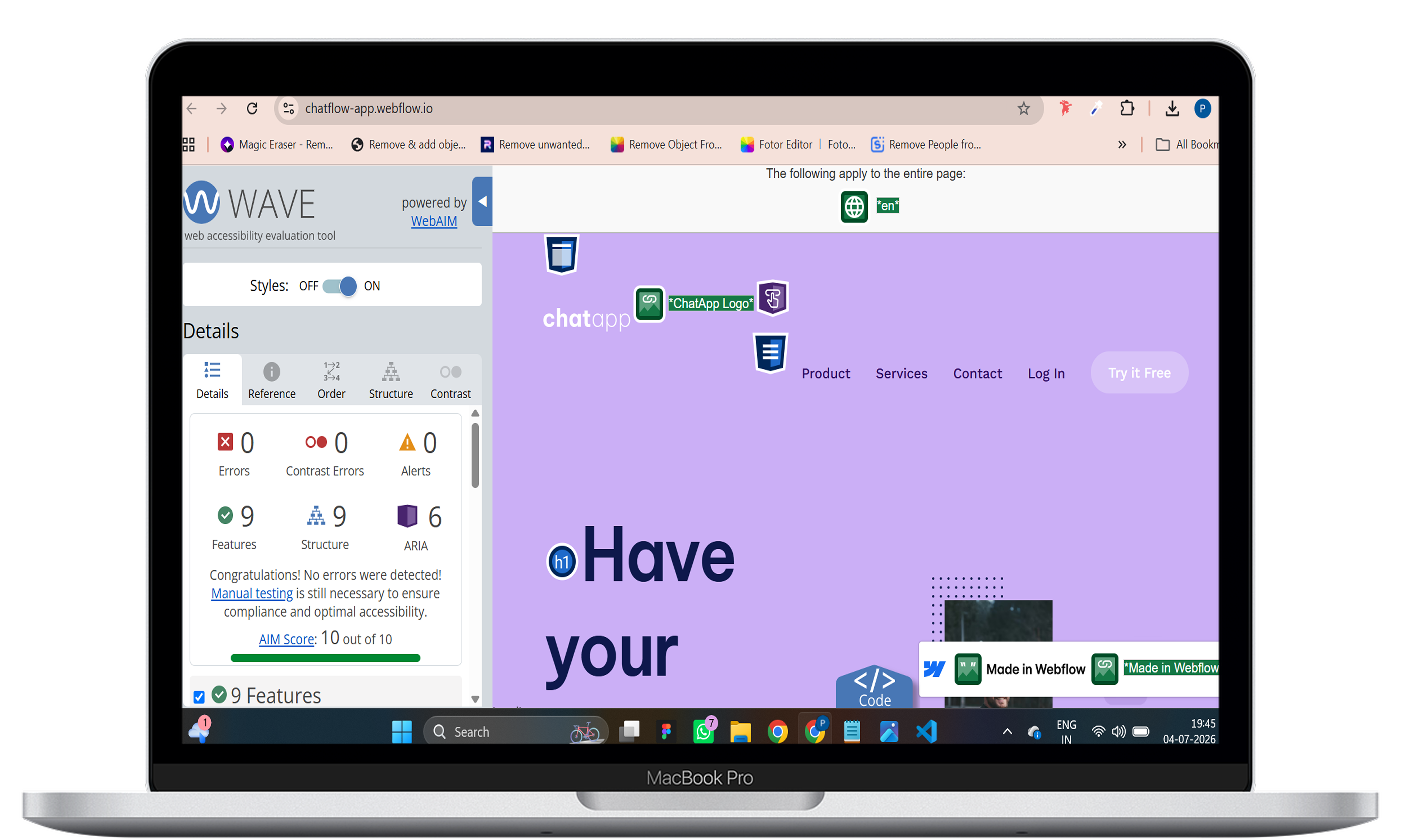 WAVE accessibility audit results for the chat app landing page
