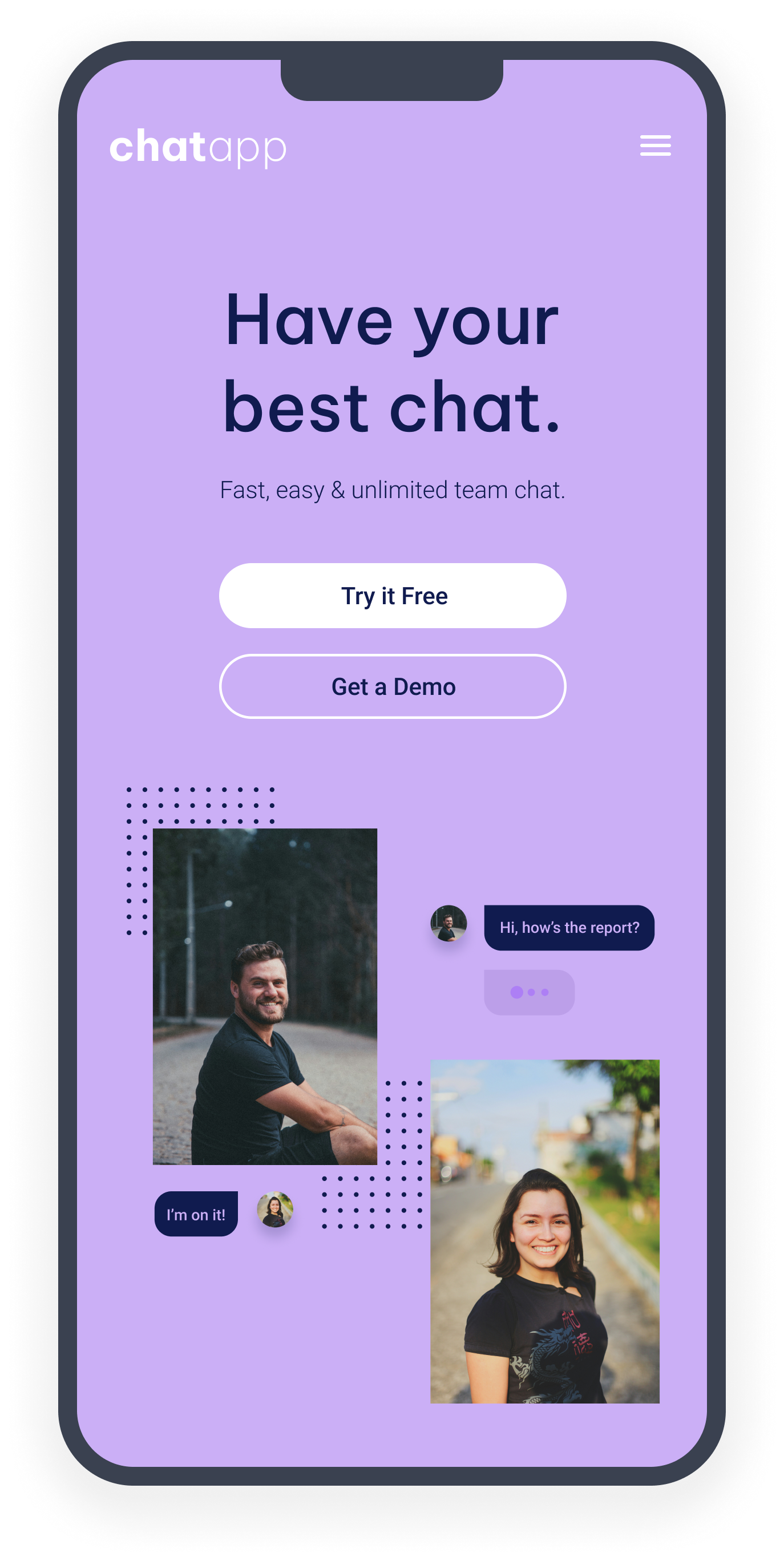 Mobile view of the chat app landing page